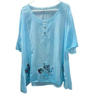 Made in Italy Baby Blue Cotton Lightweight Vacaycore top 3D flowers XL